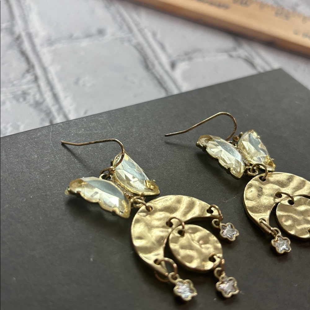 Butterfly Moon Star Gold Tone Foil Dangle Earrings - Picture 2 of 7